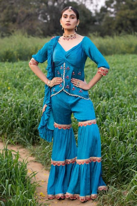 Buy Blue Pure Silk Embroidered Floral Buttis Pleated Sharara Set With ...