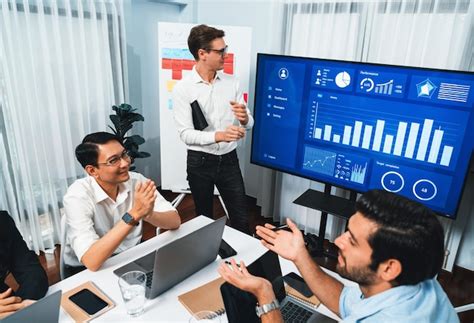 Presentation in office or meeting room with analyst team prudent ...