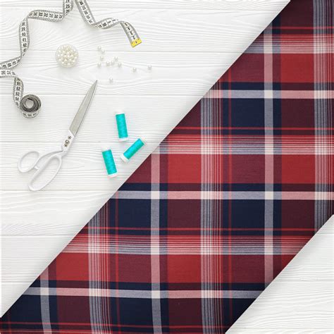 Navy Blue And Red Checks Pattern Screen Print Cotton Lycra Fabric ...