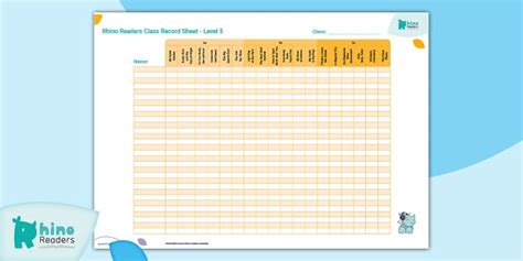 Rhino Readers Class Record Sheet - Level 5 (teacher made)