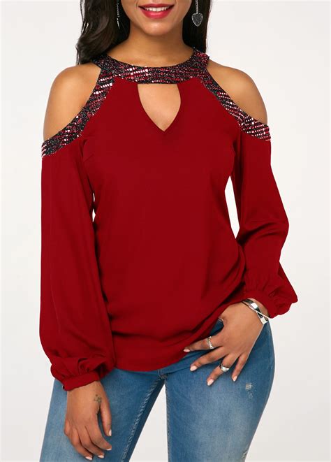 Embellished Neck Cold Shoulder Cutout Front Wine Red Blouse | Black ...