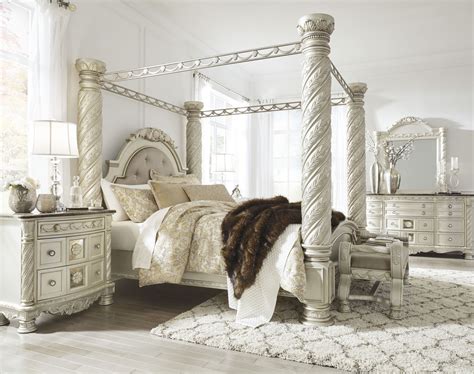 Cassimore North Shore Pearl Silver Upholstered Poster Canopy Bedroom ...