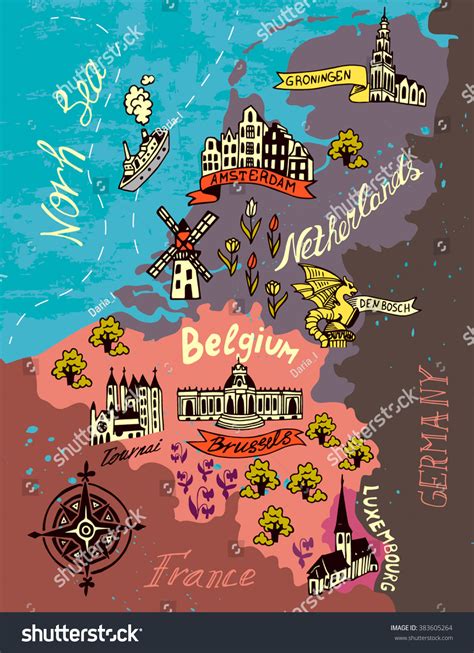 Illustrated Map Netherlands Belgium Luxembourg: เวกเตอร์สต็อก (ปลอดค่า ...