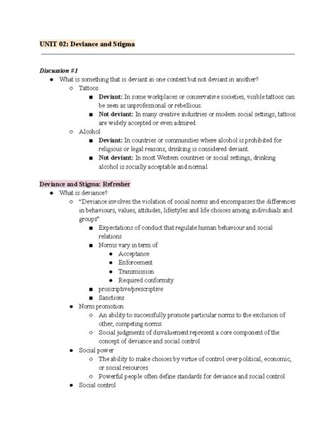 UNIT 02: Deviance and Stigma Discussion Notes (Class 2025) - Studocu