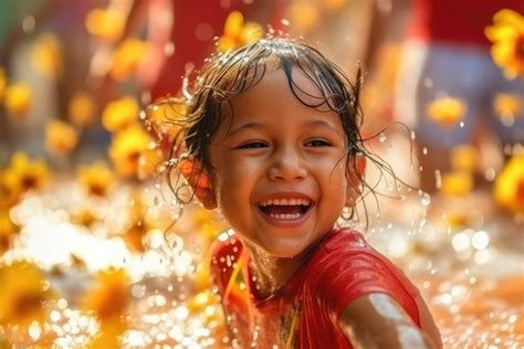 A child girl beautiful is on vacation Songkran water festival Thailand ...
