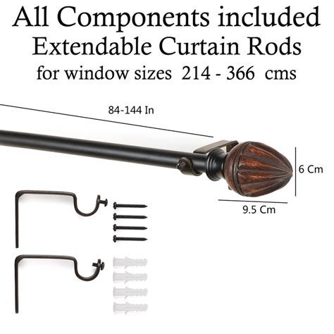Brown Tusky Wood Finial Extendable Curtain Rod Black 19MM (Hardware In ...