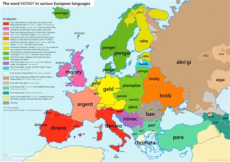 The interesting origins of the word 'money' in various European languages [OC] [2046 x 1440] (x ...