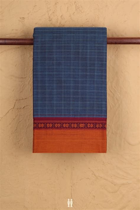 Narayanpet Cotton Saree In Pigeon Blue With Checks Design