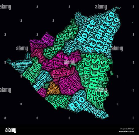 Nicaragua Regions Word Clouds. Bright neon style design on dark ...