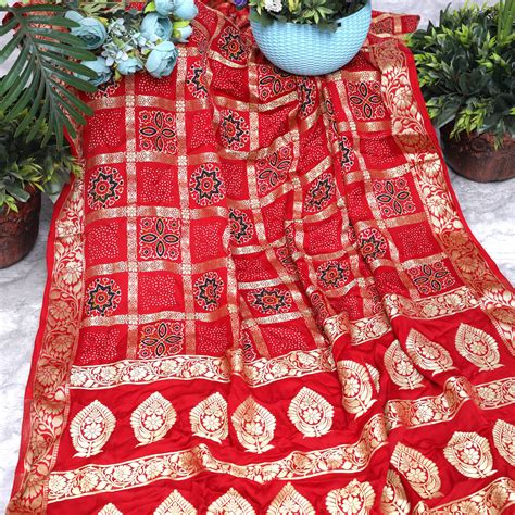 Red Ajrakh Gharchola Hand Block Pure Modal Silk Saree With Fancy Zari ...