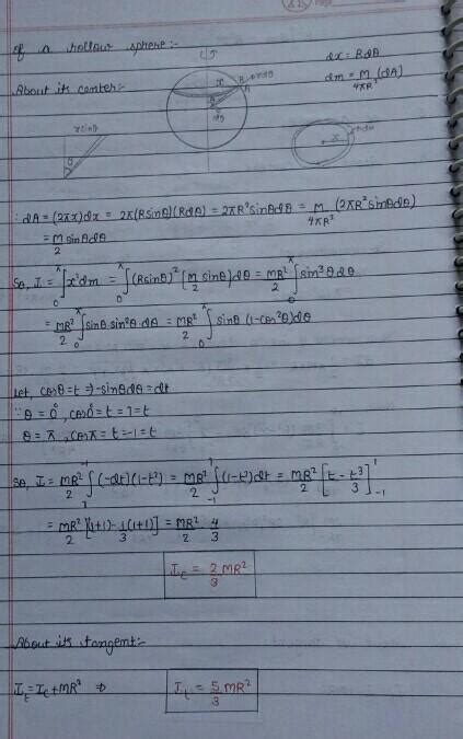 Moment of inertia of a hollow sphere of radius r and mass m is given by ...