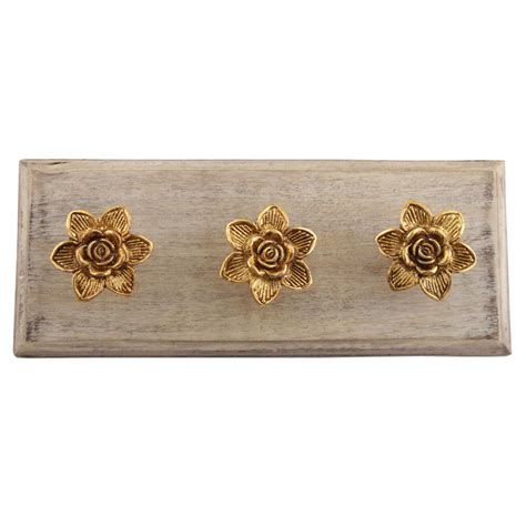 Golden Rose Flower Metal Wooden Hooks