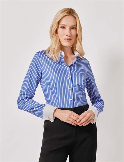 Women's Executive Blue & White Bengal Stripe Fitted Shirt - White ...