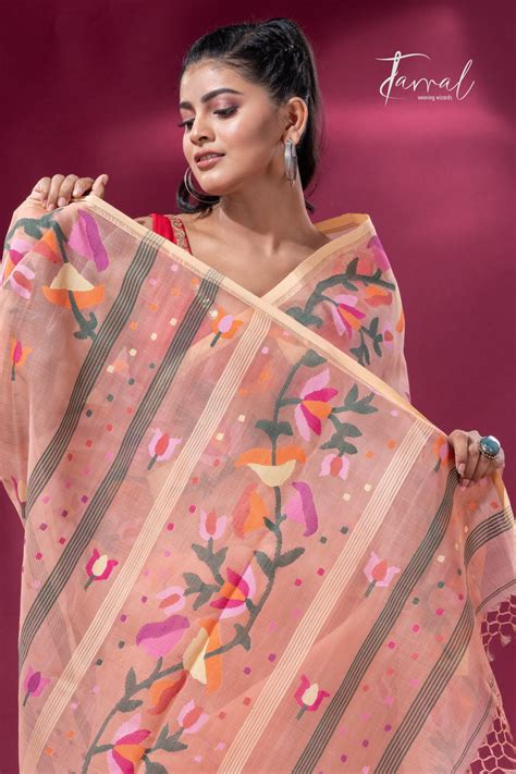 Peach Colour Handwoven Muslin Silk Jamdani Saree With Kalmilata Motifs ...