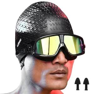 Buy SLOVIC Swimming Goggles & Black Embossed Swimming Cap for Adults ...