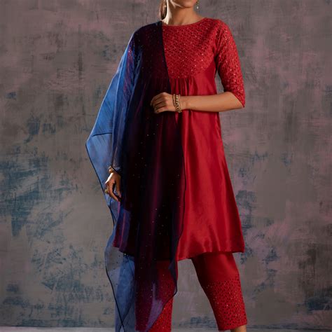 Swarovski Scarlet Red Round Yoke Kurta Set (Dupatta optional) – charkhee
