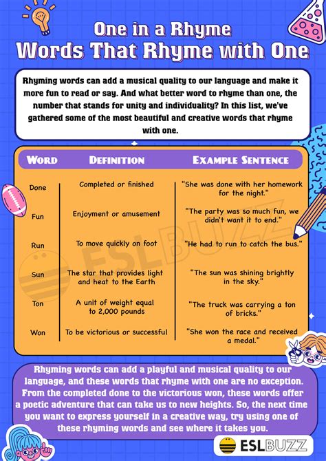 Words that Rhyme with One to Master English Rhyming - ESLBUZZ