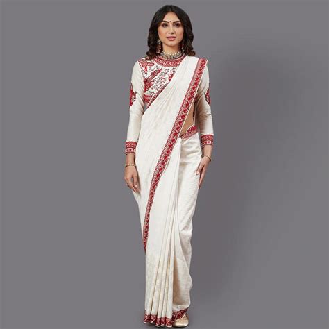 Rohit Bal Off White & Red Floral Silk Blend Chanderi Saree ...