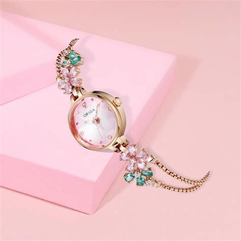 FLEUR Pink Green Dial Flower Chain Bracelet Watch – ORSGA