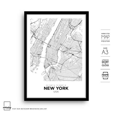 Jual New York City Map Art 3 Minimalis Simple Wall Art Poster Peta ...