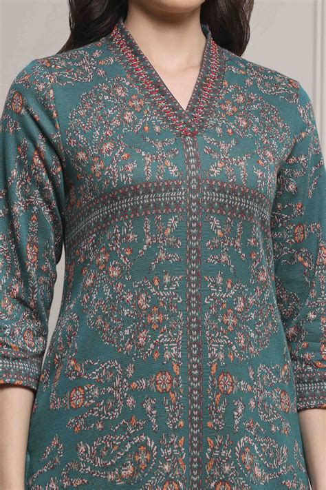 Buy Earthy Green Yarn-Dyed Printed Straight Winter Kurta Online at Biba ...
