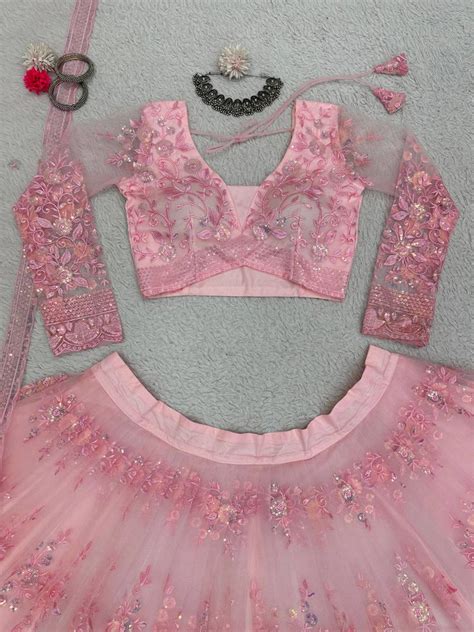 Pink Graceful Soft Net Semi-Stitched Lehenga Set with Sequen