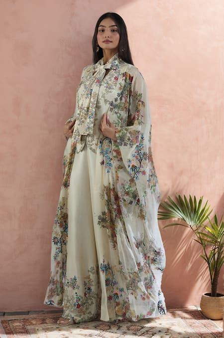 Buy Off White Embroidery Floral Cape Front Open Print And Pant Set For ...