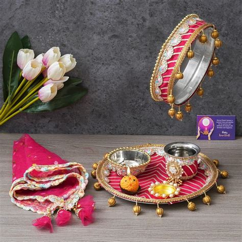 Pink Karwa Chauth Thali Set | Embroidery Designs Karwachauth Steel ...