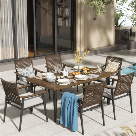 Bayou Breeze Arthetta 7 Piece Outdoor Dining Table Set with 6 Rattan ...