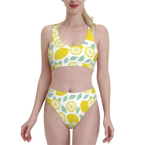 High Waisted Bikini Sets For Women - Cute Lemon Light Green Leaves 2 ...