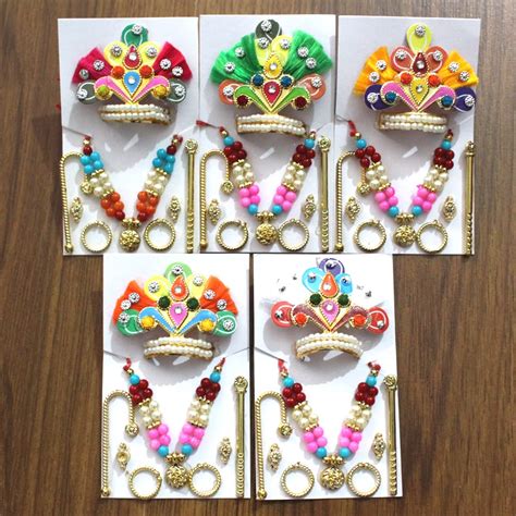Xula Laddu Gopal Shringar Accessories Set of 5 with 6 Items (Mor Mukut ...