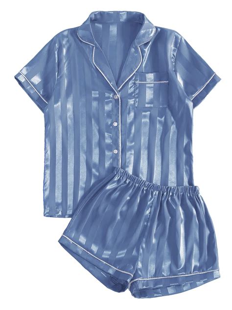 Umenlele Women's Silky Satin Striped Pajamas Short Sleeve Top with ...