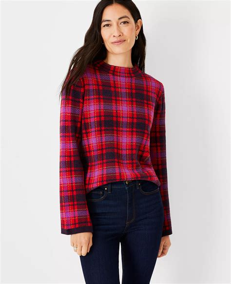 Plaid Mock Neck Flare Sleeve Sweater