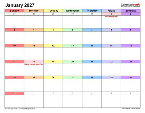 January 2027 Calendar | Templates for PDF, Excel and Word