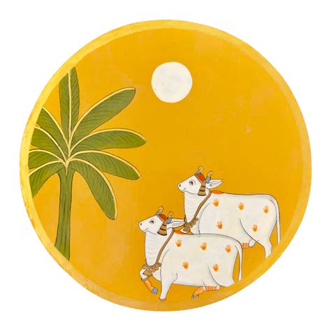 Yellow Kamdhenu Cow Hand Painted Wooden Wall Plate – Nakhrro