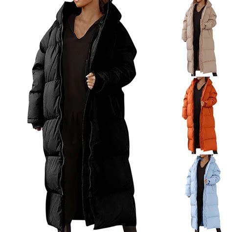Long Puffer Coat Women Zip Up Hooded Long Sleeve Overknee Quilted ...