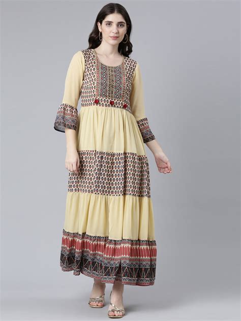 Neeru's Cream Straight Casual Printed Dress – neerus-india