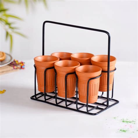 Set Of 6 Terracotta Kulhad Glasses With Cutting Chai Stand Online ...