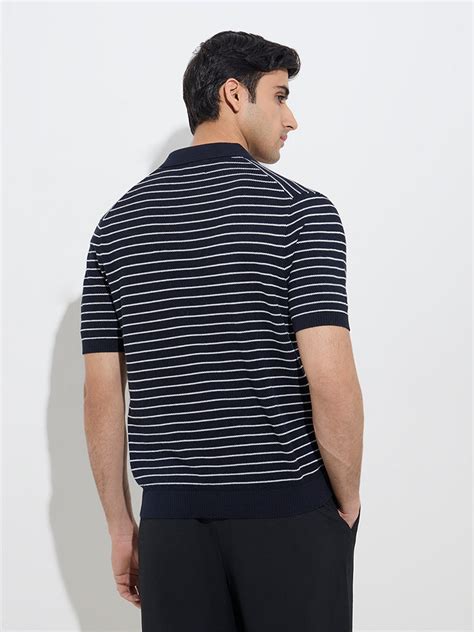 Buy Ascot Navy Striped Relaxed-Fit Cotton-Blend Polo T-Shirt from Westside