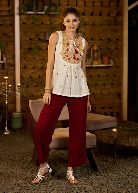 Sleeveless white & beige cotton embroidered top – Sujatra