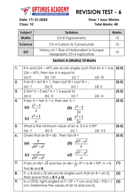 Week-6 Class 10 Revision Test-6 - REVISION TEST - 6 Date: 17/ 01/2024 ...