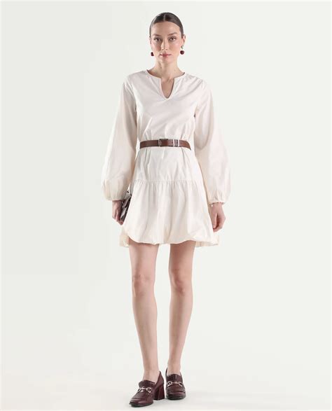 Rareism Women's Aelisi Beige Cotton Full Sleeve A-Line Printed Dress