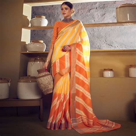 Yellow & Orange Printed With Zari Border Linen Saree