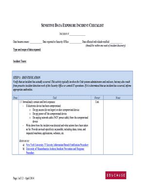 Fillable Online spaces internet2 Incident Checklist - April2014 HEISC ...