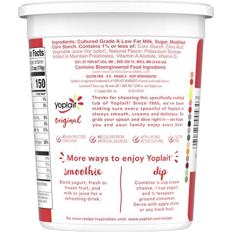 Yoplait Strawberry Yogurt Nutrition Label