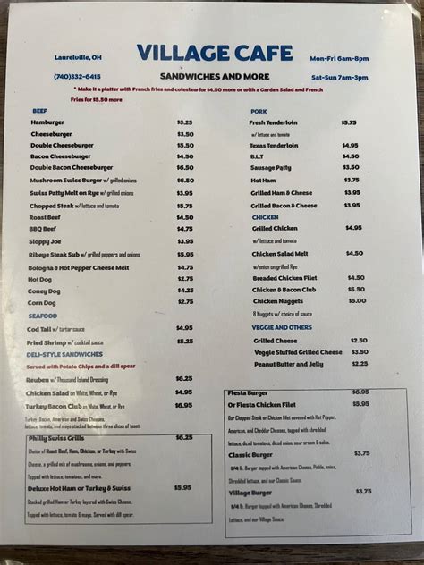 Menu at Village Café restaurant, Laurelville, Water St