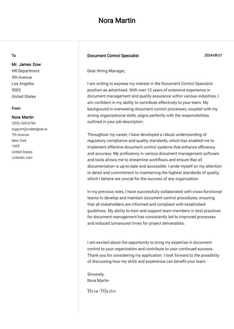 Document Control Specialist Cover Letter Example for 2024: Tips & Templates - CVDesigner.ai