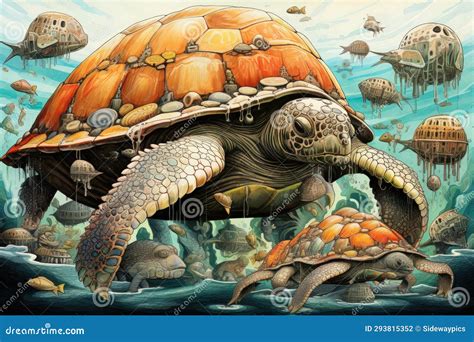 Ancient Sea Turtles, Carrying Entire Ecosystems on Their Colossal Shells - Generative AI Stock ...