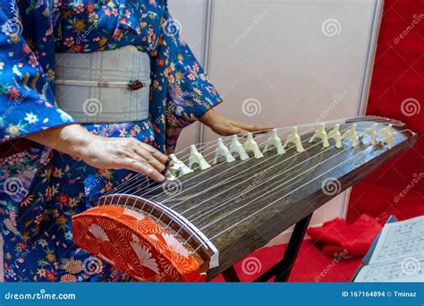 Woman in Kimono Dress Japanese Traditional Instrument Koto Plays Stock ...
