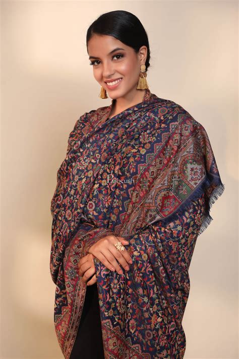 Pashtush women faux pashmina shawl, ethnic weave design, navy blue ...